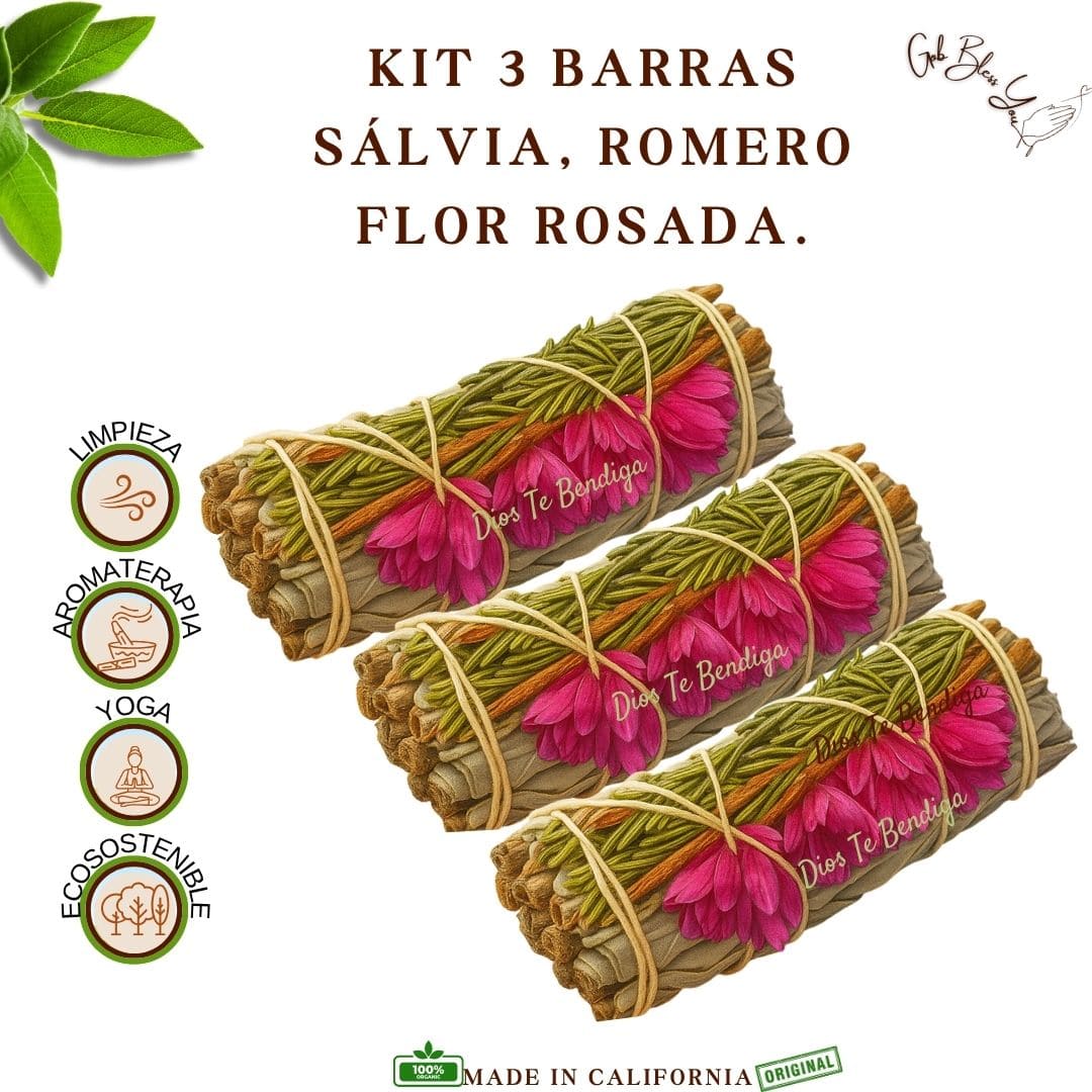 KIT 3 BARRAS DE SALVIA, ROMERO Y FLOR ROSADA.