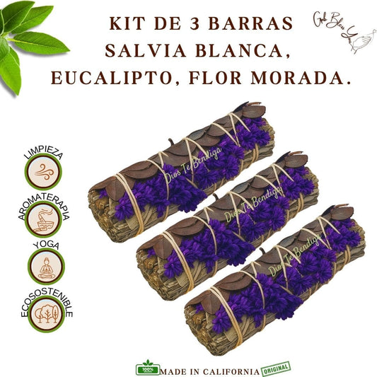 KIT 3 BARRAS DE SALVIA, EUCALIPTO Y FLOR MORADA