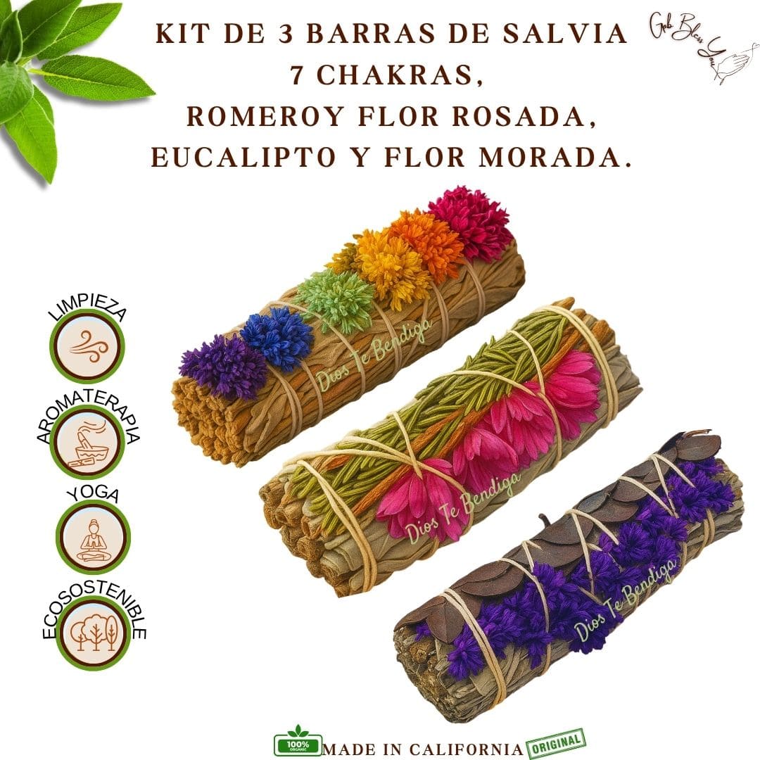 KIT 3 BARRAS DE SALVIA 7 CHAKRAS-ROMERO Y FLOR ROSADA- EUCALIPTO Y FLOR MORADA.