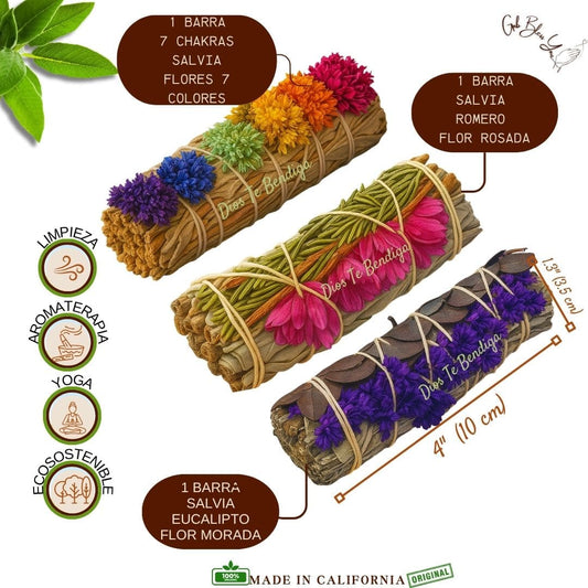 KIT 3 BARRAS DE SALVIA 7 CHAKRAS-ROMERO Y FLOR ROSADA- EUCALIPTO Y FLOR MORADA.
